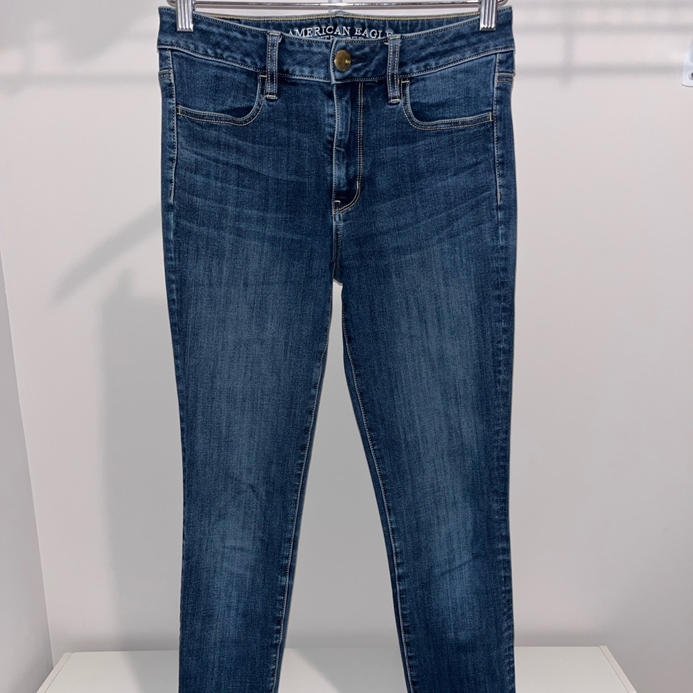 American Eagle 360 degree Super Stretch Hi-Rise Blue Jeggings - Size 6 Long